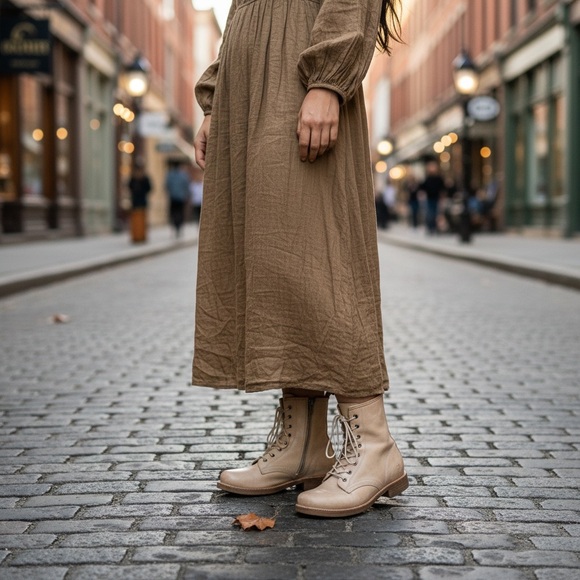 Frye Shoes - $399 Frye Veronica Combat Tan Cream Distressed Leather Lace Up Vintage Moto Boot
